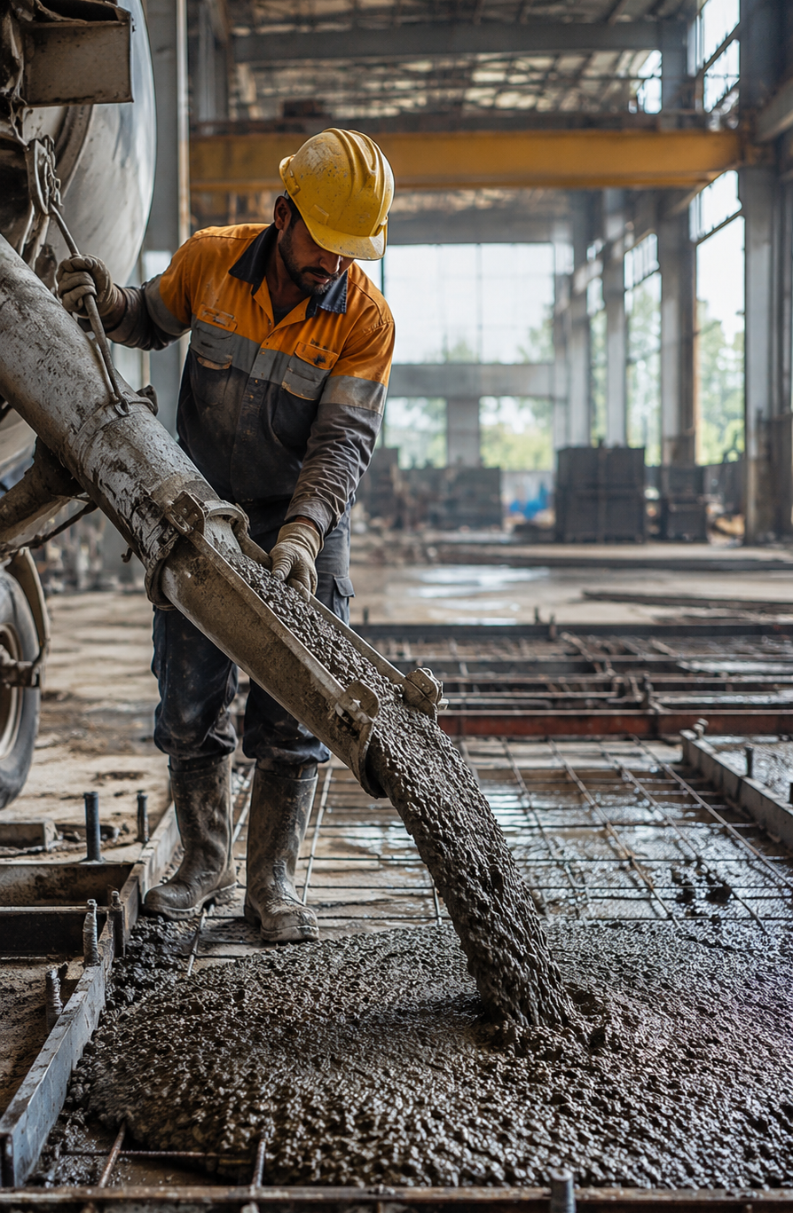 Construction worker in a yellow hard hat and orange safety vest pours wet concrete onto a rebar foundation inside an industrial building.